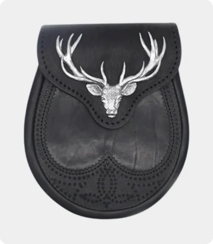 Black Stag Head Leather Sporran