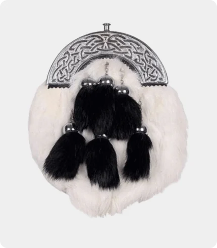 Chrome Celtic Cantle White Rabbit Sporran With 6 Black Fur Tassels