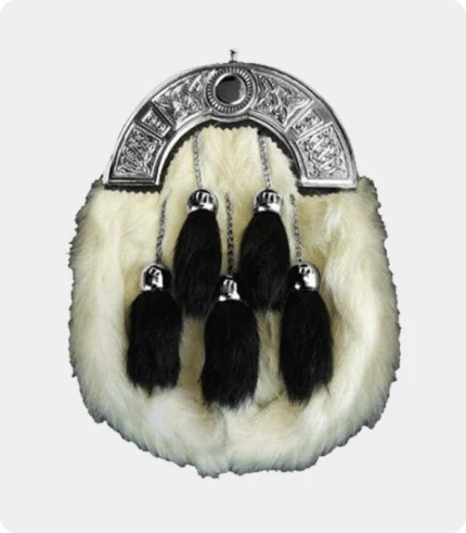 Chrome Celtic Cantle White Rabbit Sporran With Black Fur Tassels