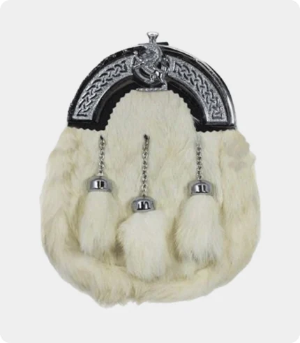 Full Dress Sporran White Rabbit Fur Chrome Lion Emblem