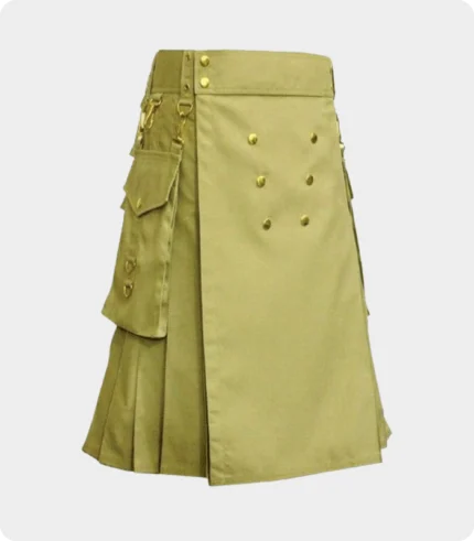 Khaki Utility Kilt With Gold Button