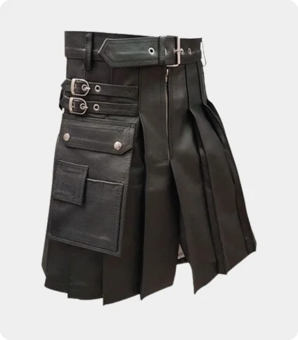 Men Genuine Black Leather Gladiator Pleated Utility LARP Kilt