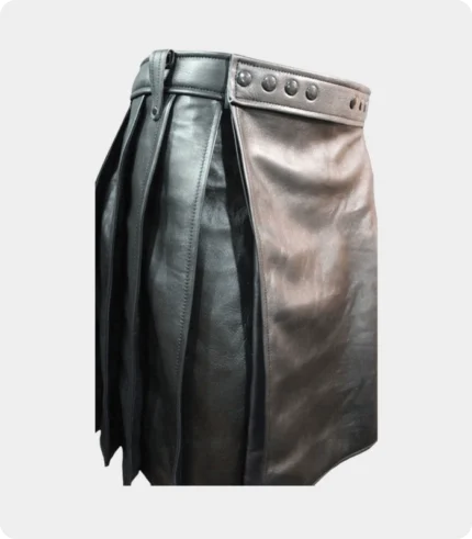 Pleated Black Leather Kilt with Navy Highlights