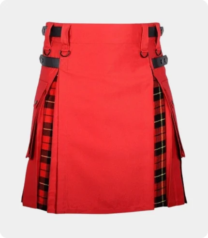 Red Cotton Wallace Tartan Scottish Utility Cargo Hybrid Kilt